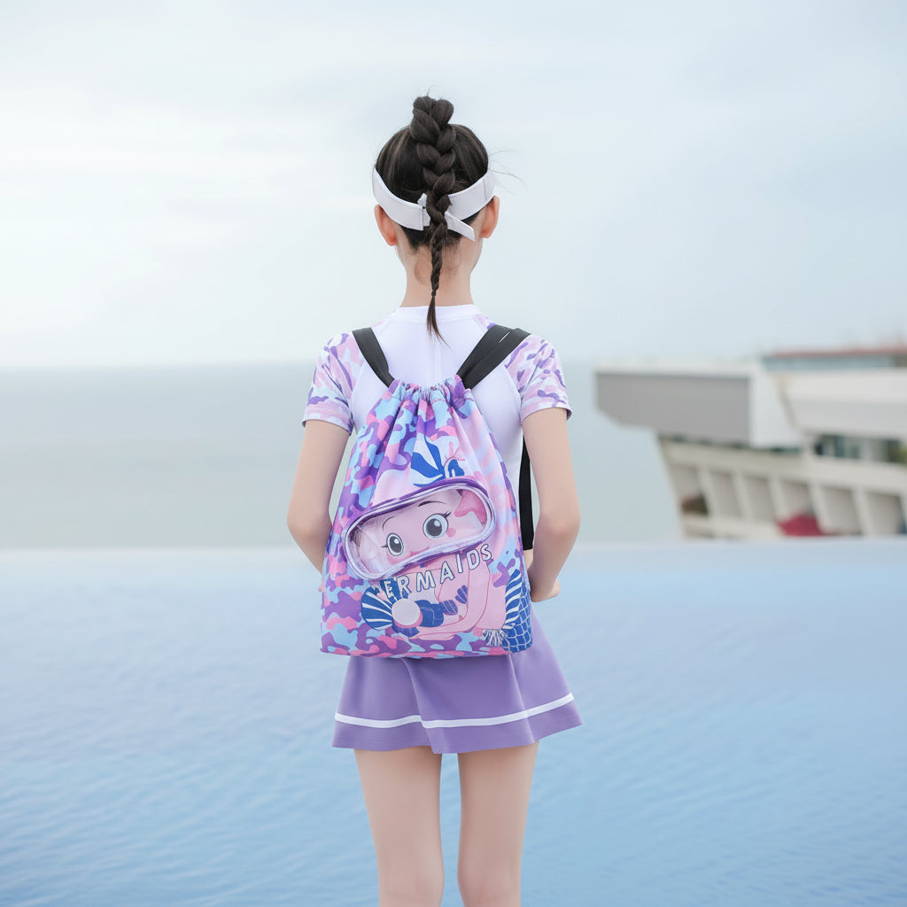 Waterproof Kids Swimming Bag with Goggles Slot and Shoe Compartment – Pink and Blue Swim Bag for Children