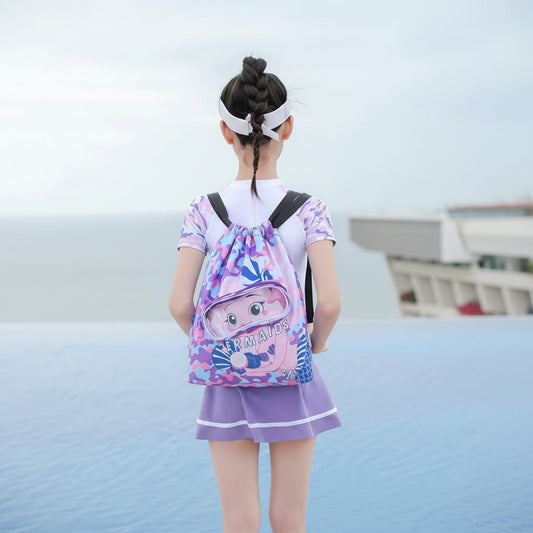 Waterproof Kids Swimming Bag with Goggles Slot and Shoe Compartment – Pink and Blue Swim Bag for Children