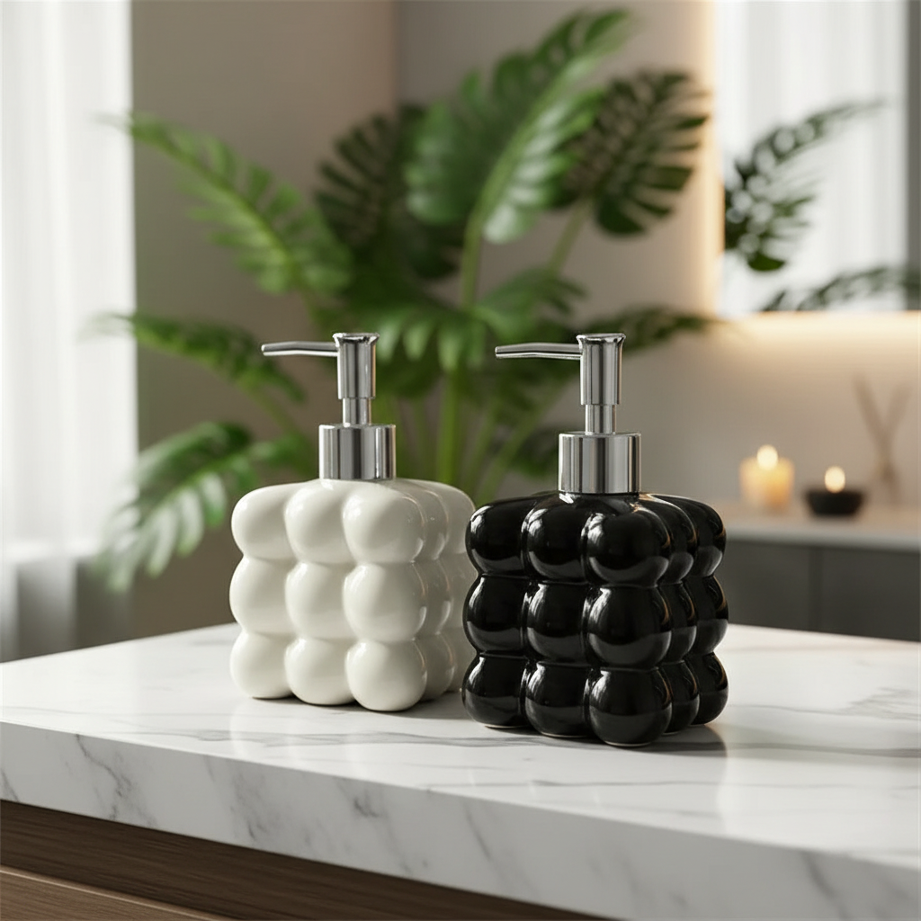 Bubble glass soap dispenser with refillable pump in black and white for bathroom and kitchen use.