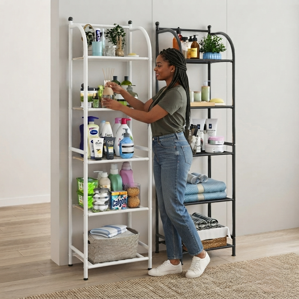 5 tier multipurpose metallic storage rack available in black and white for home organization