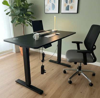 Adjustable office table with ergonomic height feature and sturdy frame.