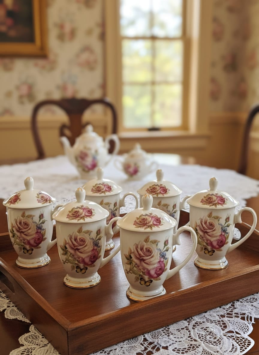 Rose bone china tea mug with lid and floral design