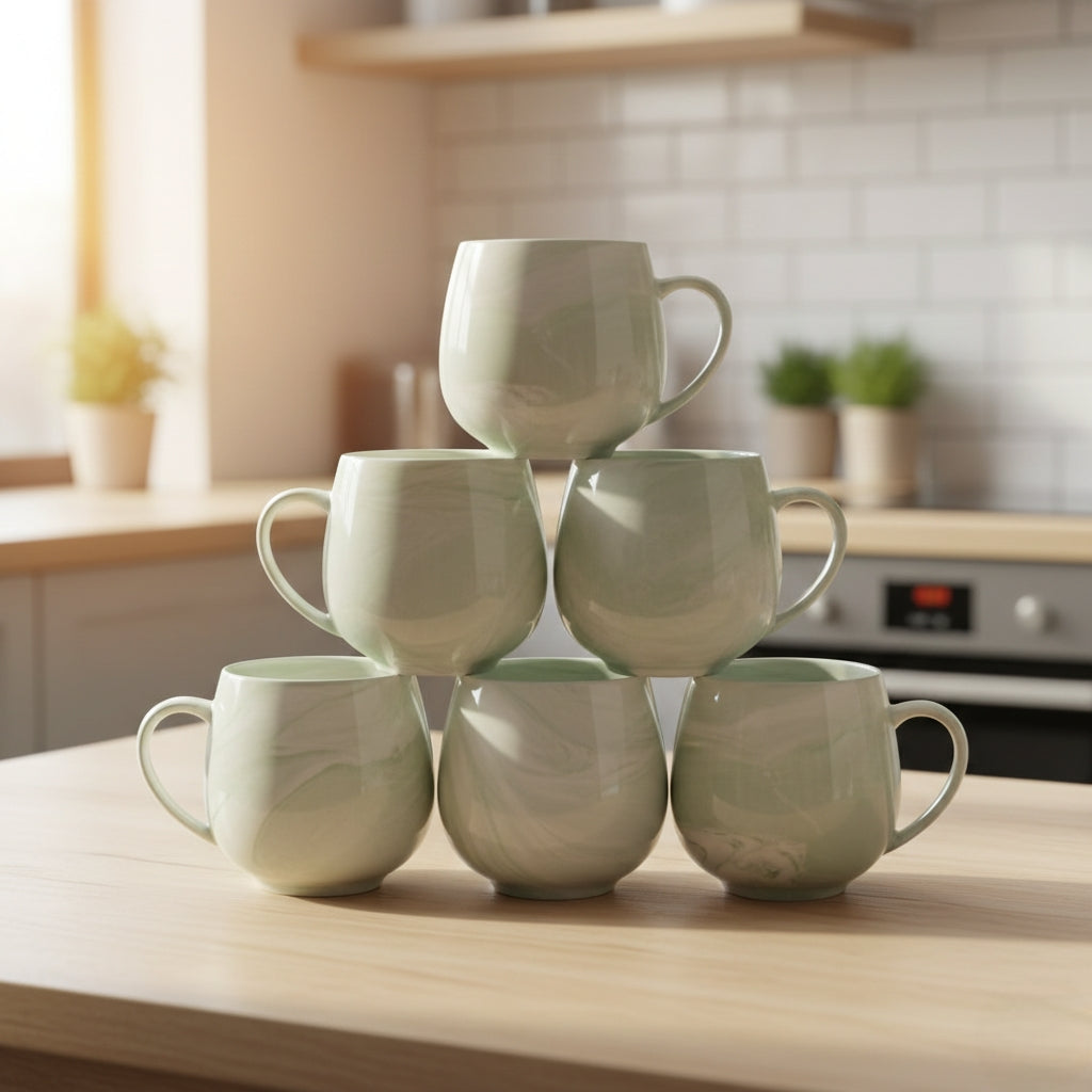 Set of 6 pot-like ceramic mugs, each with 470ml capacity, beige color.
