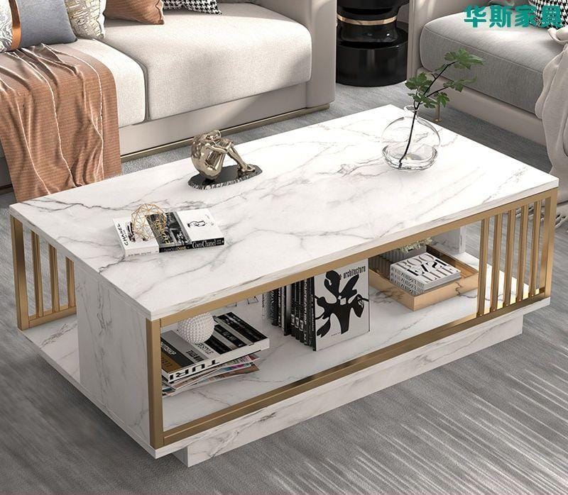 White marble-textured coffee table with double-layer storage and smooth veneer finish