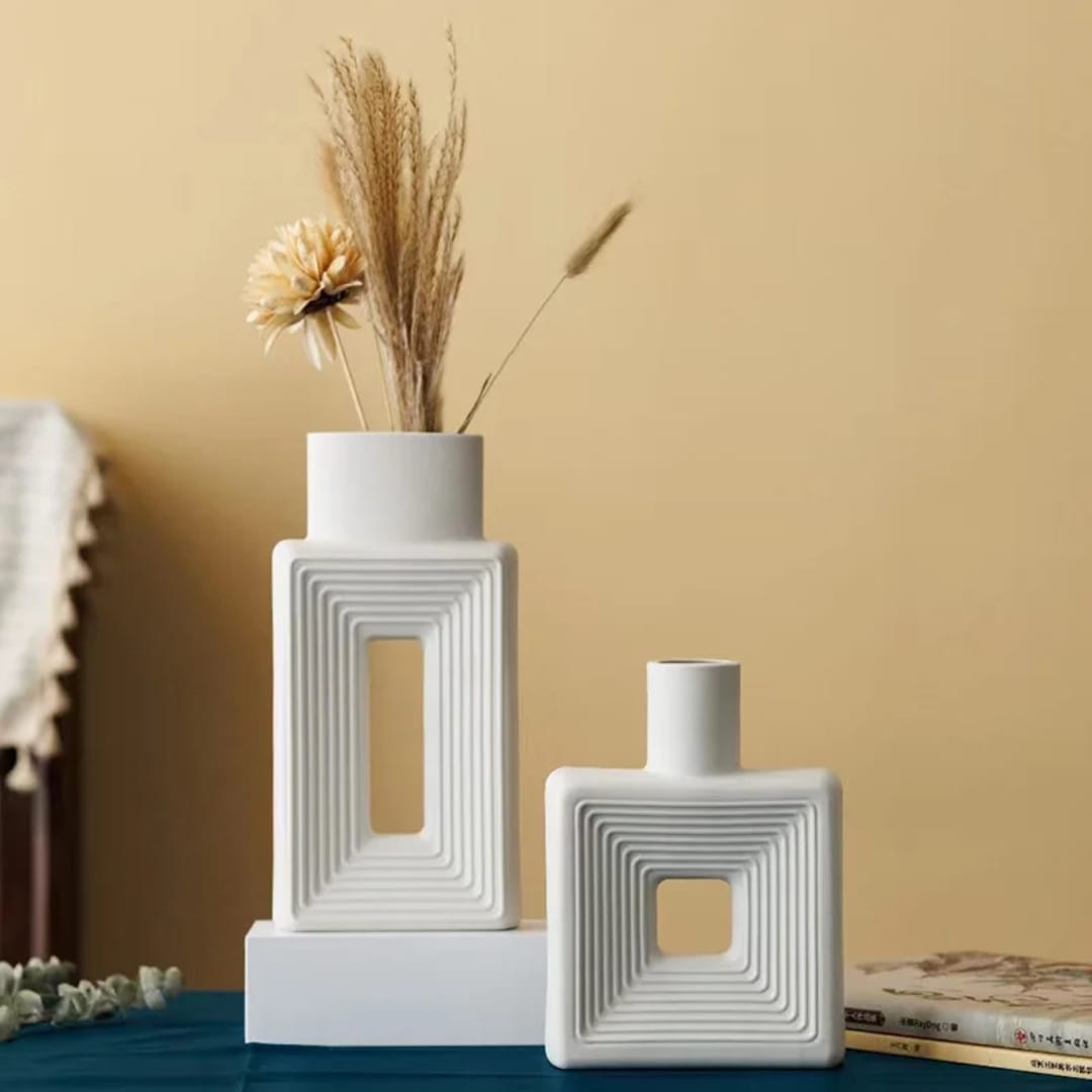 Set of two modern resin square decorative vases in black and white