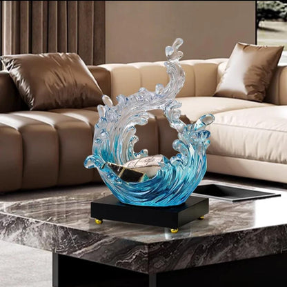 Sea sky blue Lokori ocean art crystal sculpture with base, measuring 20×14×30 cm for modern home or office décor