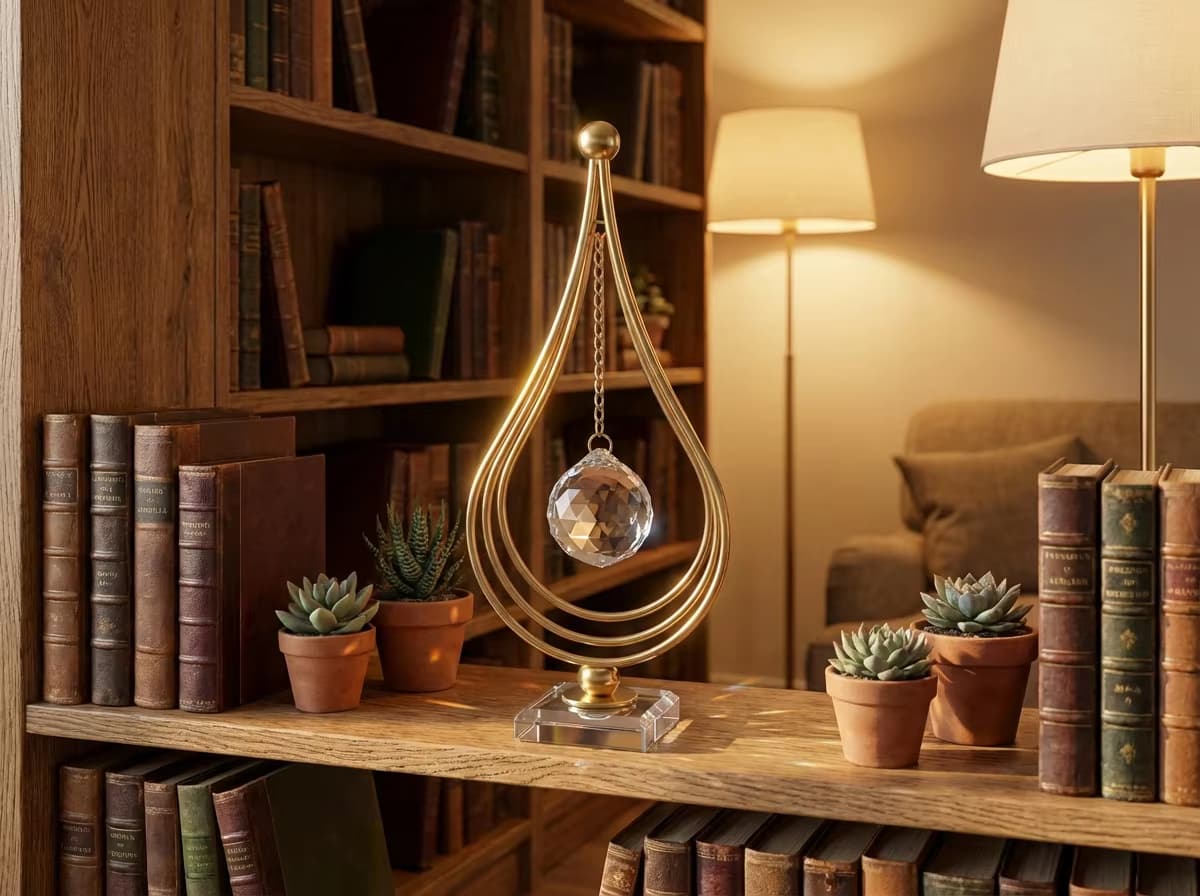 Minimalist geometric ornament with gold frame and central crystal pendant for home décor