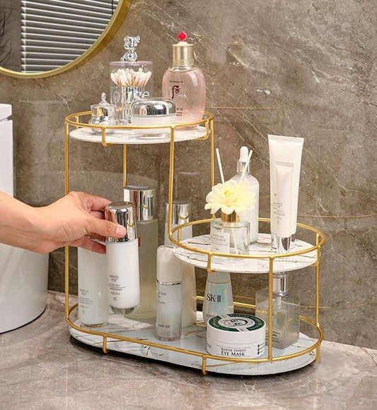 White 3-layer cosmetic storage rack for organizing makeup and beauty essentials.