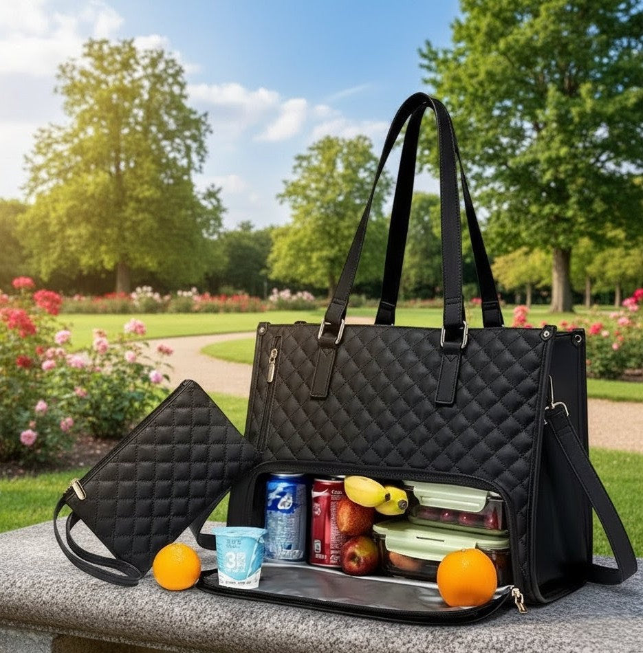 Quilted Laptop Tote Bag with Insulated Lunch Compartment