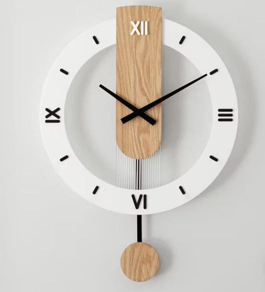 Modern Nordic wall clock with wooden accents and swinging pendulum.