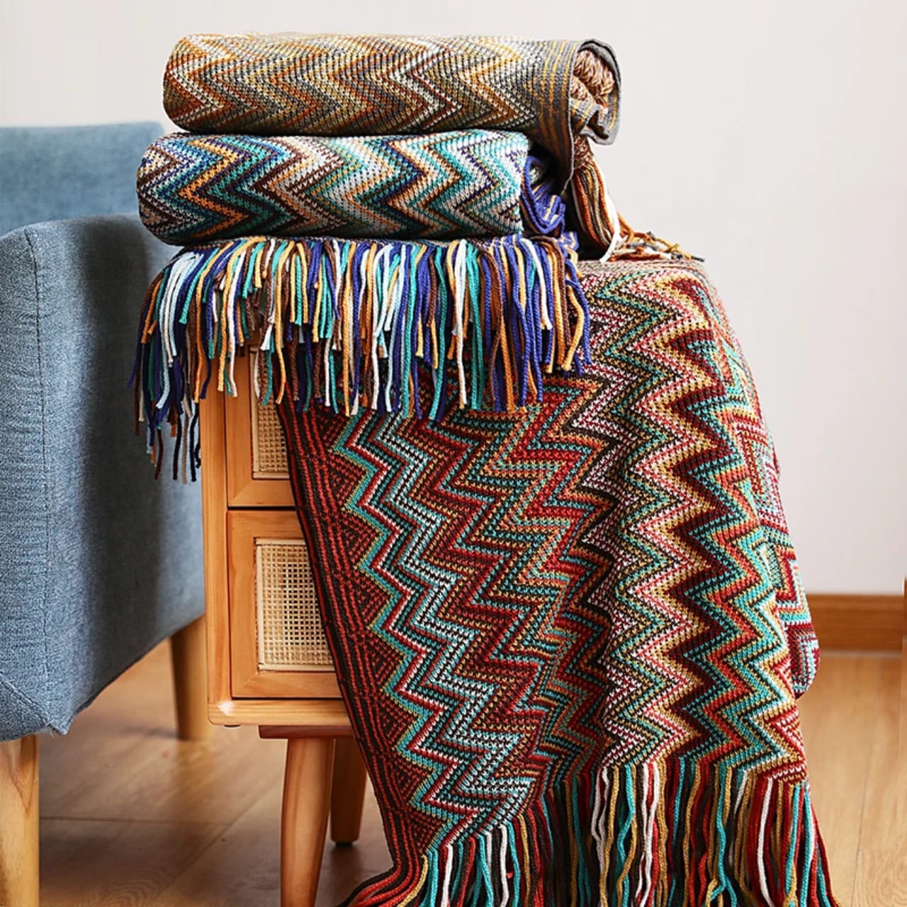 Bohemian Knitted Throw Blanket With Tassels