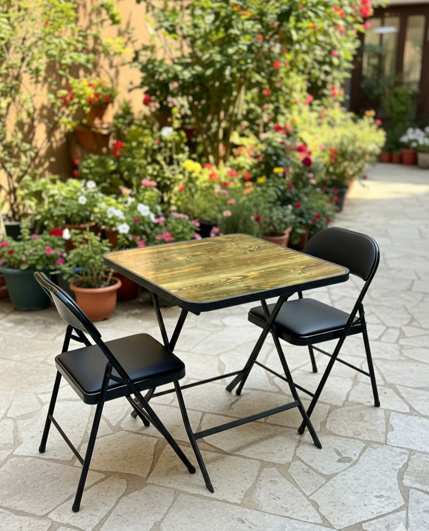 Compact foldable two-seater chair set for small spaces.