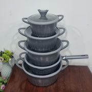 10 piece Lucky Rain LRY 10 granite cook and serve cookware set with capacities from 2.2 L to 8.5 L.