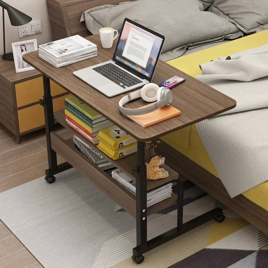Adjustable heavy-duty laptop table with wheels and storage shelf