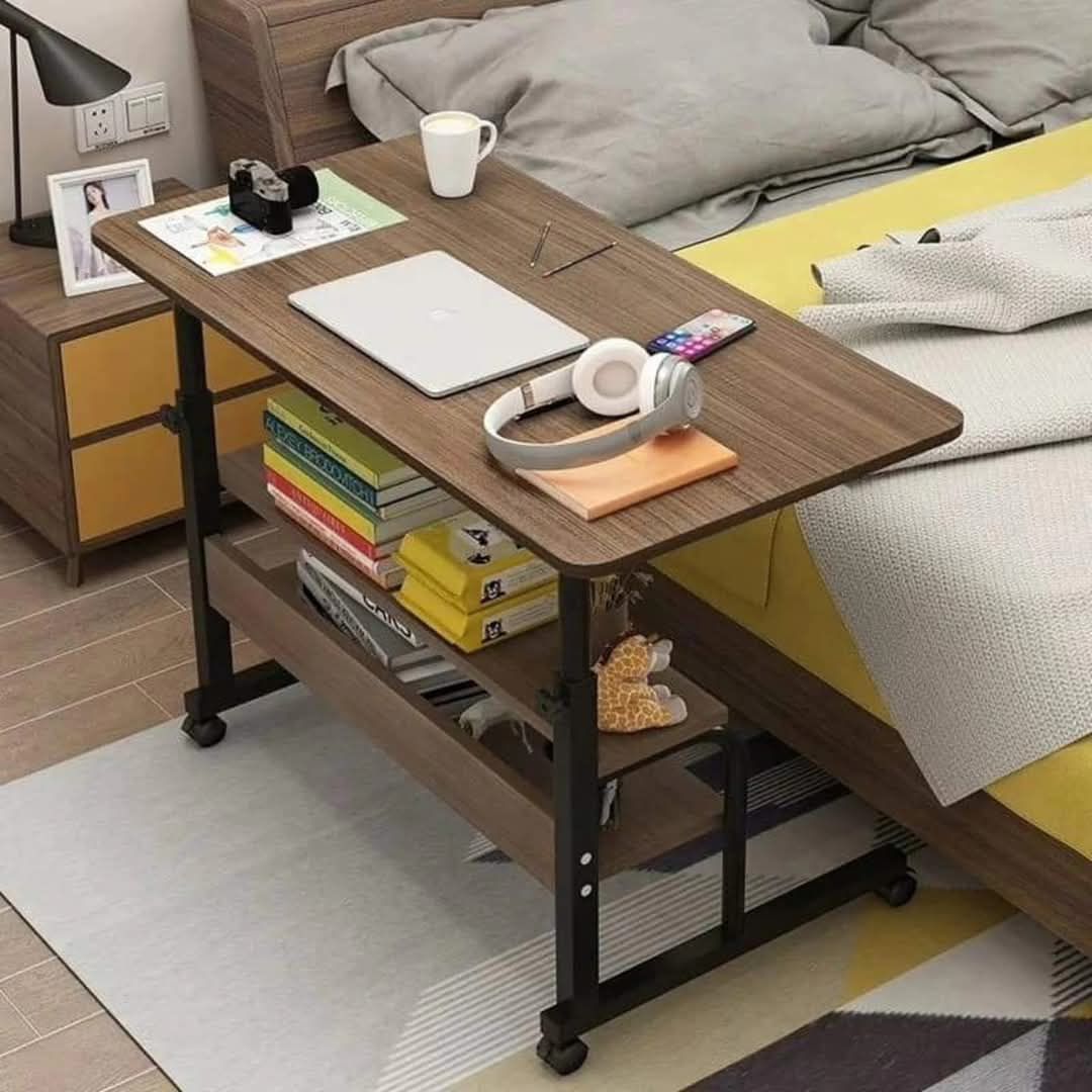 Adjustable heavy-duty laptop table with wheels and storage shelf