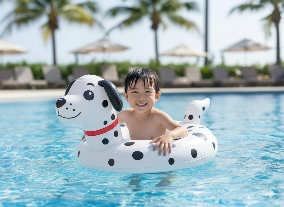 Inflatable yellow duck floaters for kids’ pool and beach fun