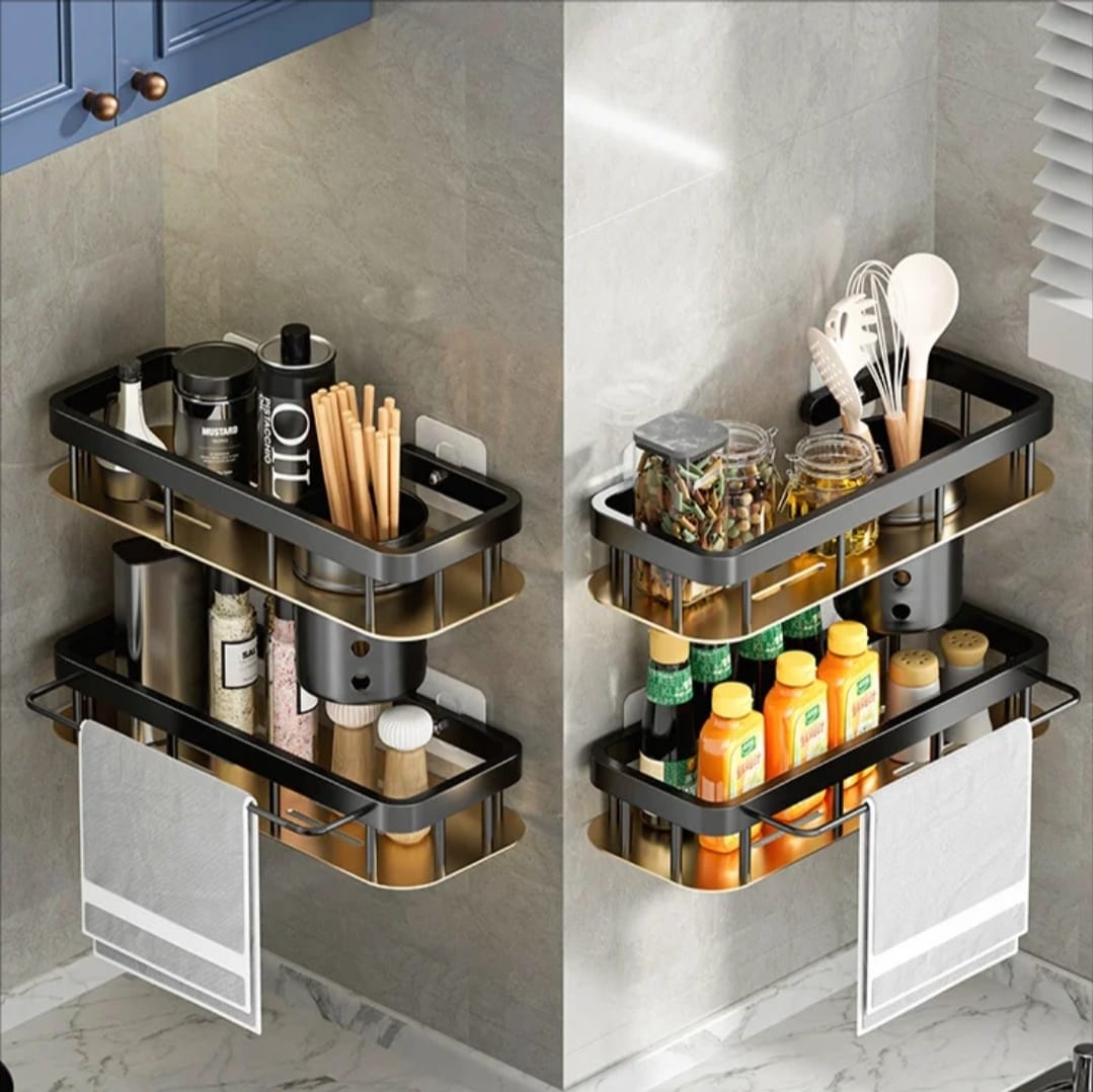 2 pcs aluminum alloy rectangular shelves with towel holders for bathroom and kitchen storage.