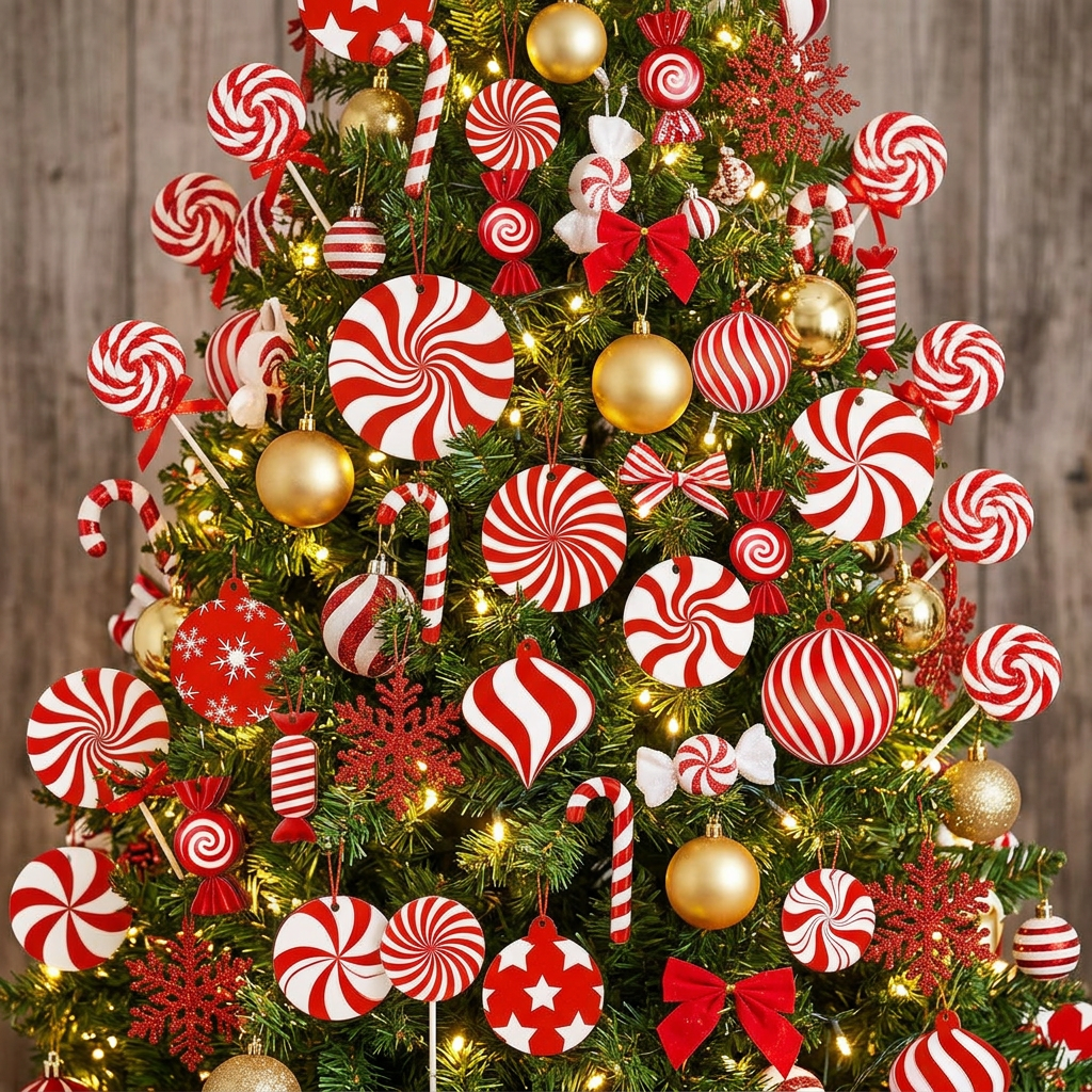 12 Piece Wooden Red Candy Cane and Windmill Christmas Tree Decorations