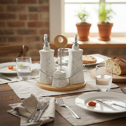Ceramic gravy boat and shaker set on bamboo base