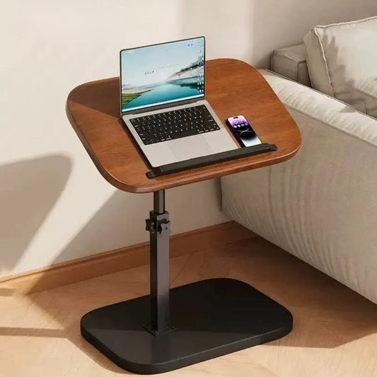 Adjustable solid wooden laptop and coffee table, movable and versatile for home or office use.