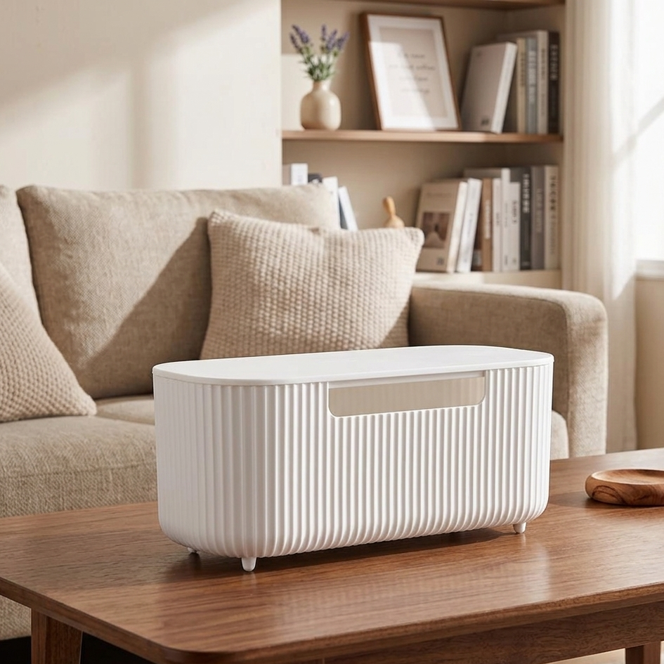 Cable storage box for organizing and hiding electrical wires and chargers in home or office spaces