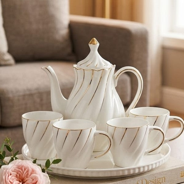 9Pcs Porcelain Tea Set with Gold Trim