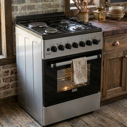 Mika standing cooker with 3 gas burners, 1 electric hot plate, electric oven, and rotisserie function. 🍳✨