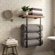 42 cm wall mounted bamboo towel holder with rust resistant metal frame for storing multiple towels in the bathroom.