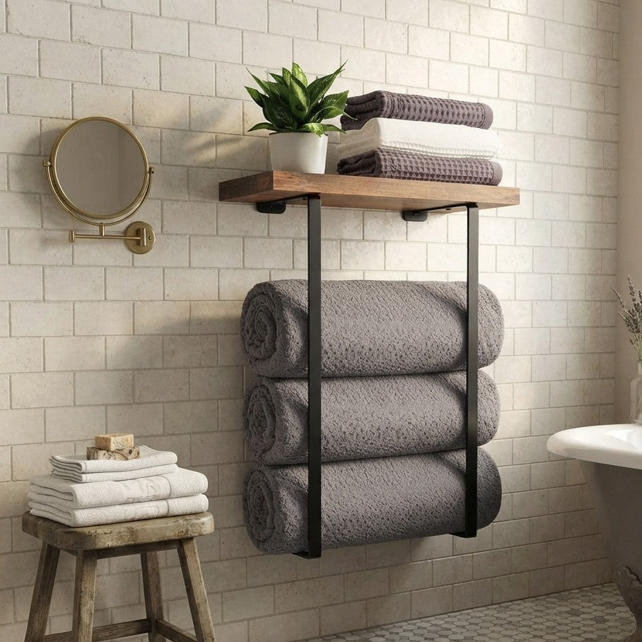 42 cm wall mounted bamboo towel holder with rust resistant metal frame for storing multiple towels in the bathroom.