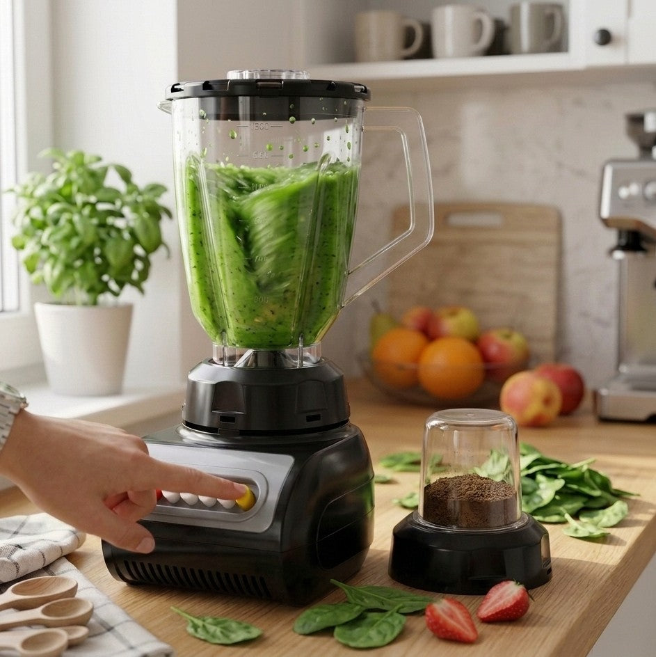 Nunix AK-105 1.5L blender with 350W motor and multi-function control panel for chopping, blending, and pureeing. 