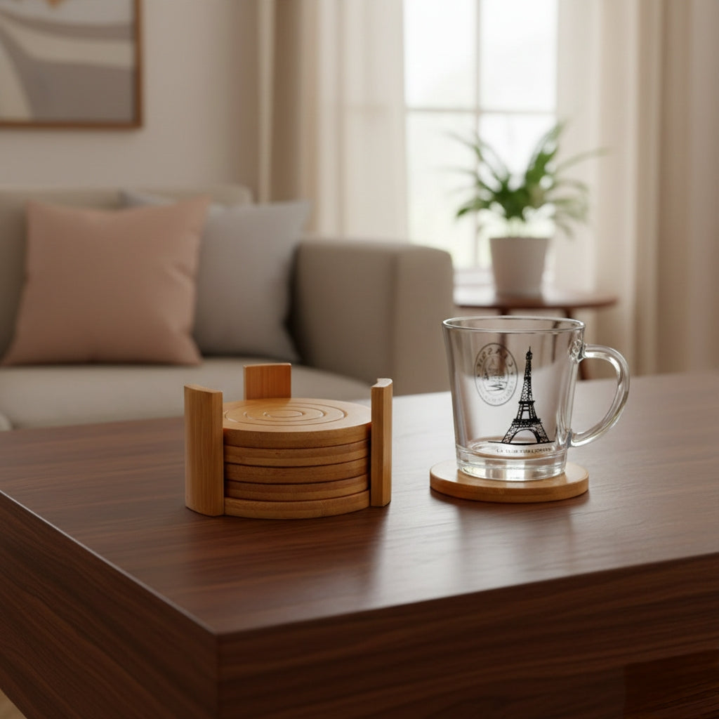 Set of 6 round bamboo coasters on a table.