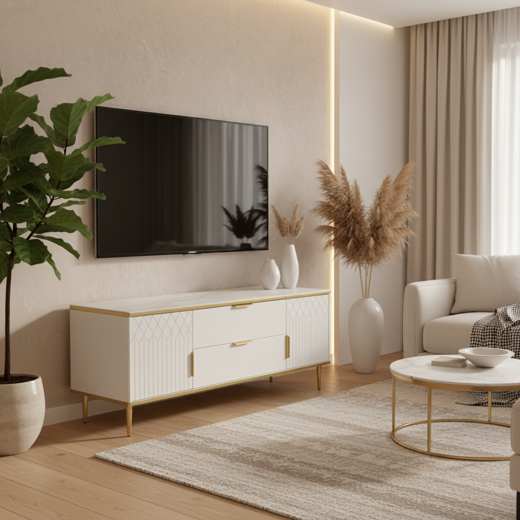 Dawood Lifestyle & Gadgets kes luxury coffee table with white marble print glass top, high-gloss white MDF storage cabinets, gold trim, gold handles, and gold metal legs for modern living room décor
