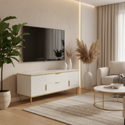Dawood Lifestyle & Gadgets kes luxury coffee table with white marble print glass top, high-gloss white MDF storage cabinets, gold trim, gold handles, and gold metal legs for modern living room décor