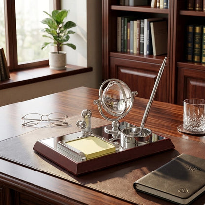 Mirror Wooden Desktop Organizer with Crystal Ball Pen and Business Card Holder