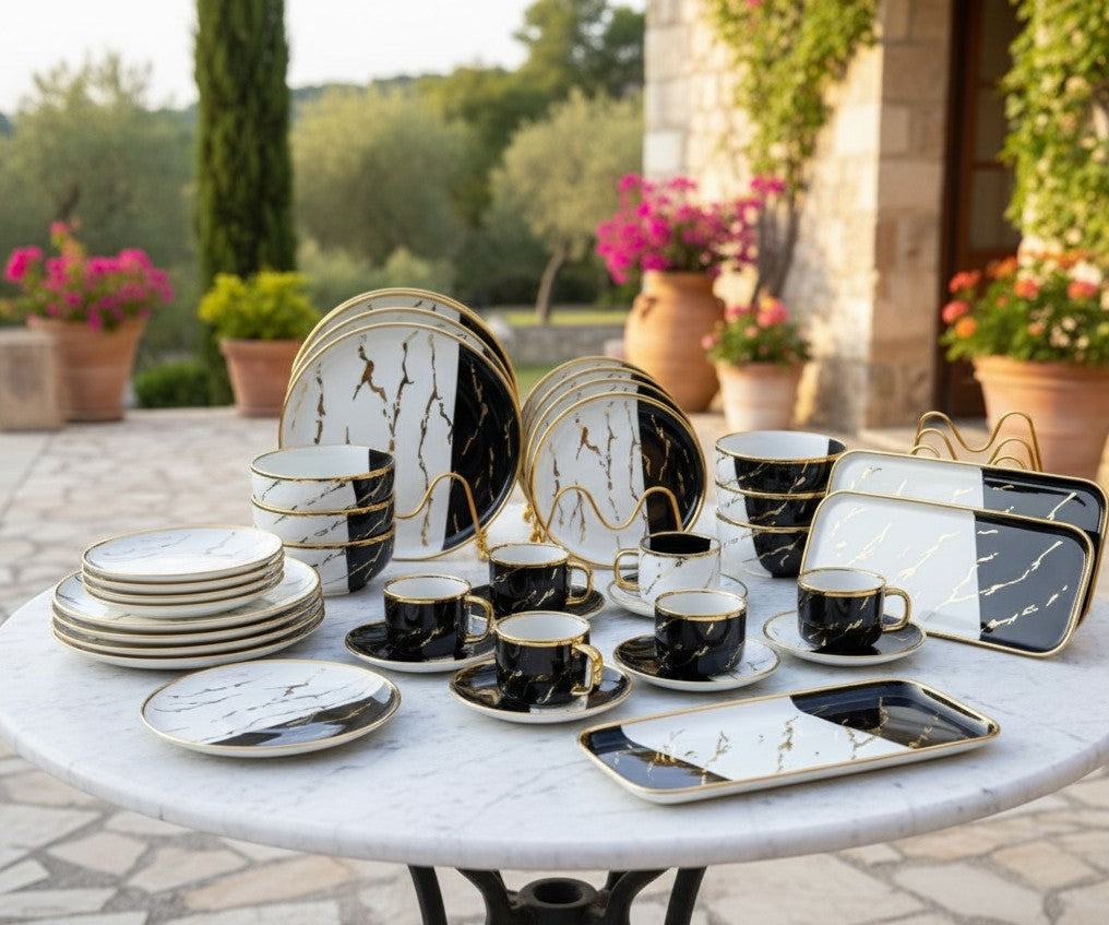 32-piece ceramic dinner set with plates, bowls, cups, and saucers