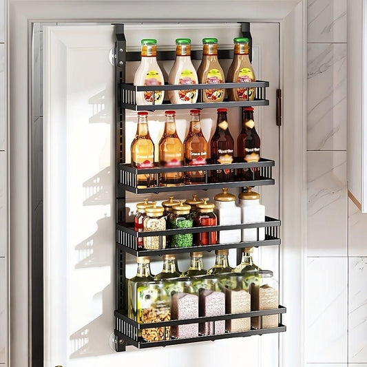 4 Tier over door steel caddy organizer with adjustable shelves and suction cups for bathroom and kitchen storage