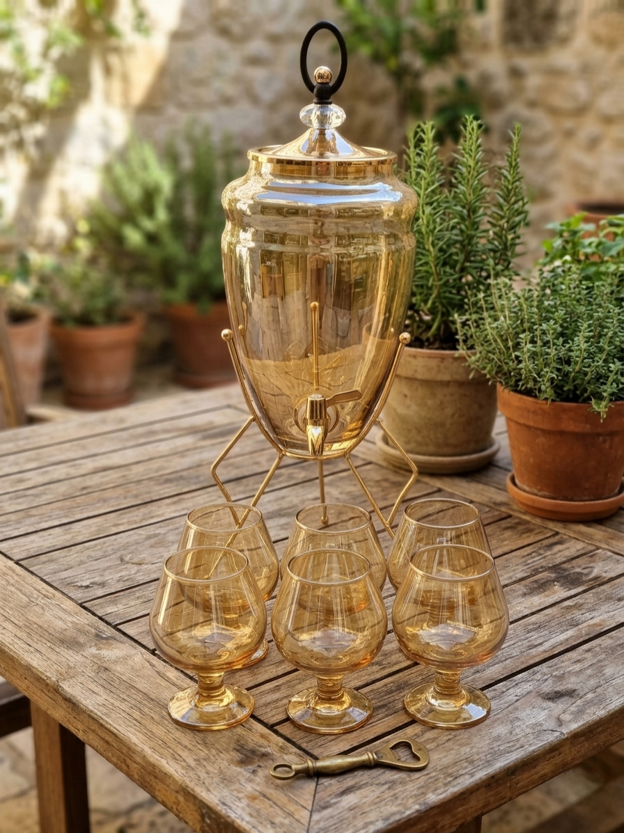 Golden glass juice dispenser with 3.5 litres capacity for stylish beverage serving and events