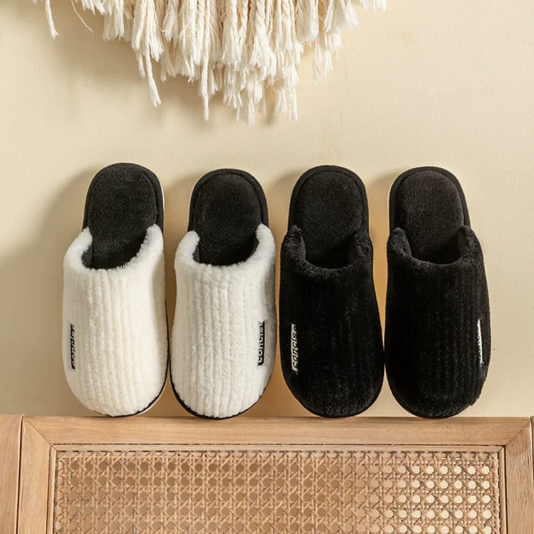 Warm fuzzy indoor house slippers with plush fur lining and non-slip sole