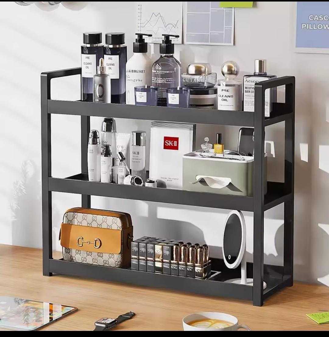 3 tier multifunctional plastic organizer in black and white, storage rack for bedroom kitchen bathroom and study use. 
