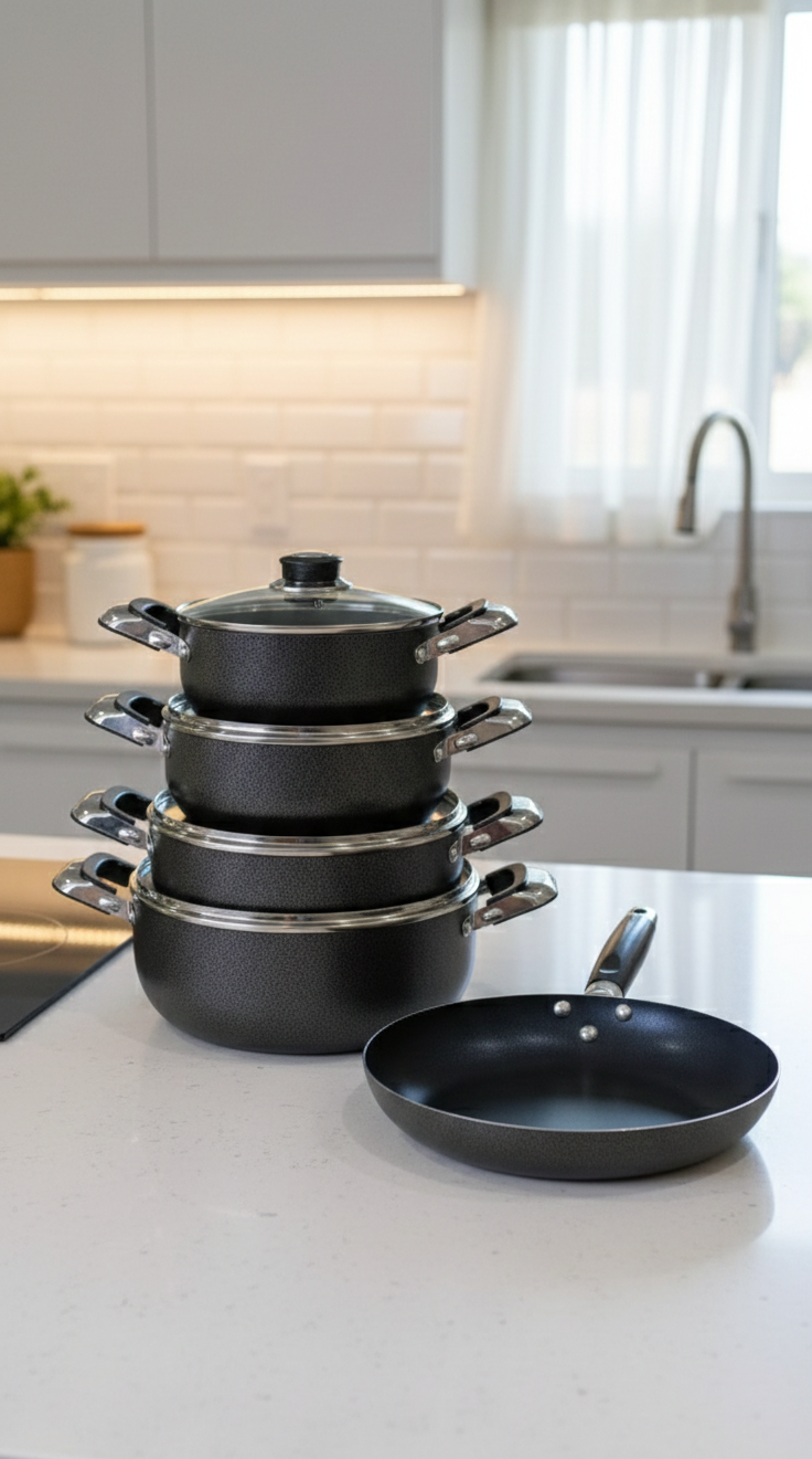 11-piece Nonstick cookware set with multiple pots and a free frying pan.