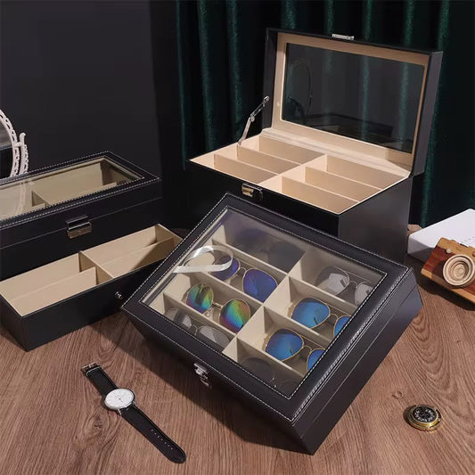 Black PU leather sunglasses organizer box with eight storage slots for eyewear and accessories.