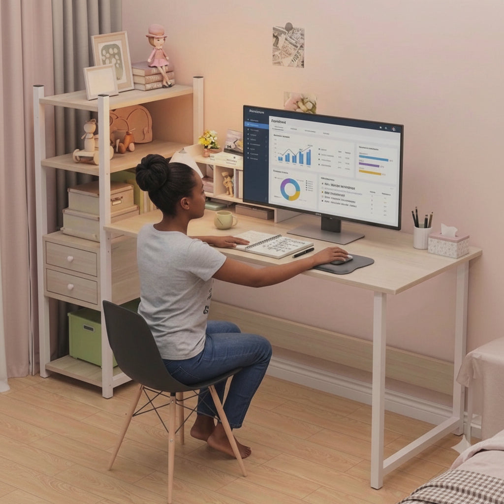 Minimalist Workstation with Storage Shelves and 2 Drawers