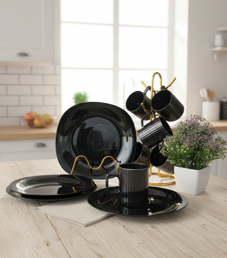 Black 12 piece dinner set with plates and mugs