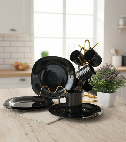 Black 12 piece dinner set with plates and mugs