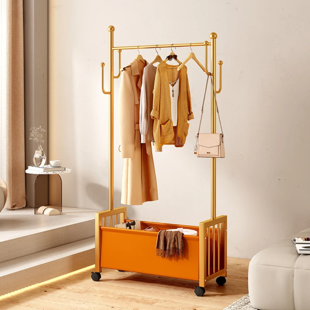 Durable metallic clothes rack with wheels, side hooks, and bottom organizer – ideal for hostels, laundry, and fitting rooms