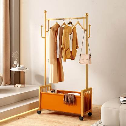 Durable metallic clothes rack with wheels, side hooks, and bottom organizer – ideal for hostels, laundry, and fitting rooms