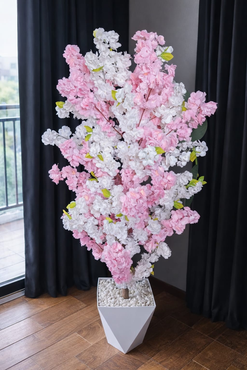 Artificial Cherry Blossom Plant with Vase and Pebbles