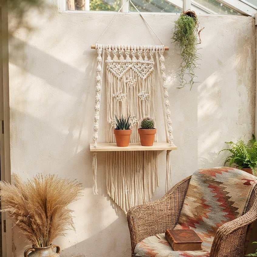 Nordic hanging plant storage shelf with a 39 × 13 cm wooden base and 100 cm hanging length for displaying plants and decorative accessories.