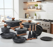 15 piece nonstick cookware set with various pots and pans for versatile cooking