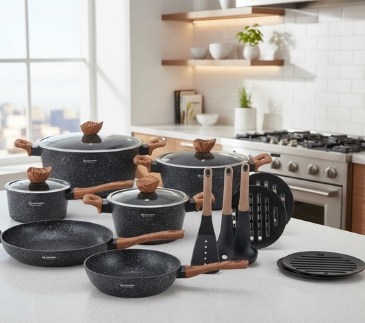 15 piece nonstick cookware set with various pots and pans for versatile cooking